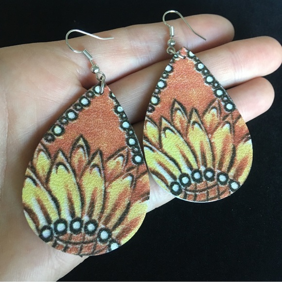 Orange and Yellow Boho Sunflower Dangle Earrings - Picture 2 of 7